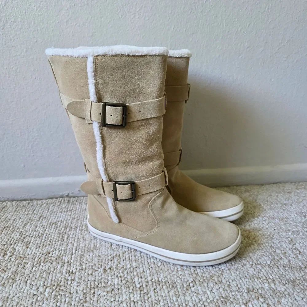 Vintage Y2K Roxy Stratton Tan And Creme Leather Fuzzy Boots With Buckles Size 8